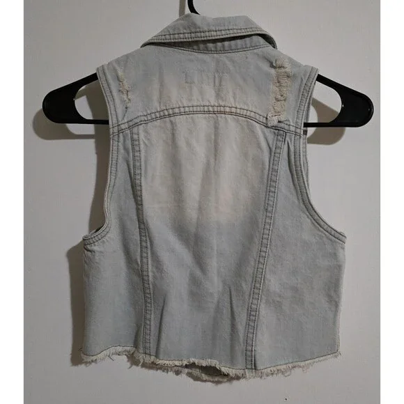 Denim Trucker Style Vest Womens Small Distressed Button Front Sleeveless Y2K New - Picture 4 of 16